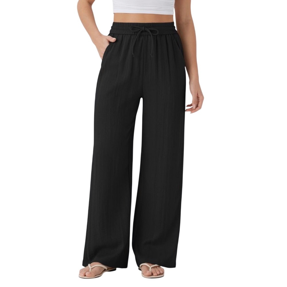 Halara Wide Leg Pants Womens S Tall Black New Viscose Blend Drawstring Trousers